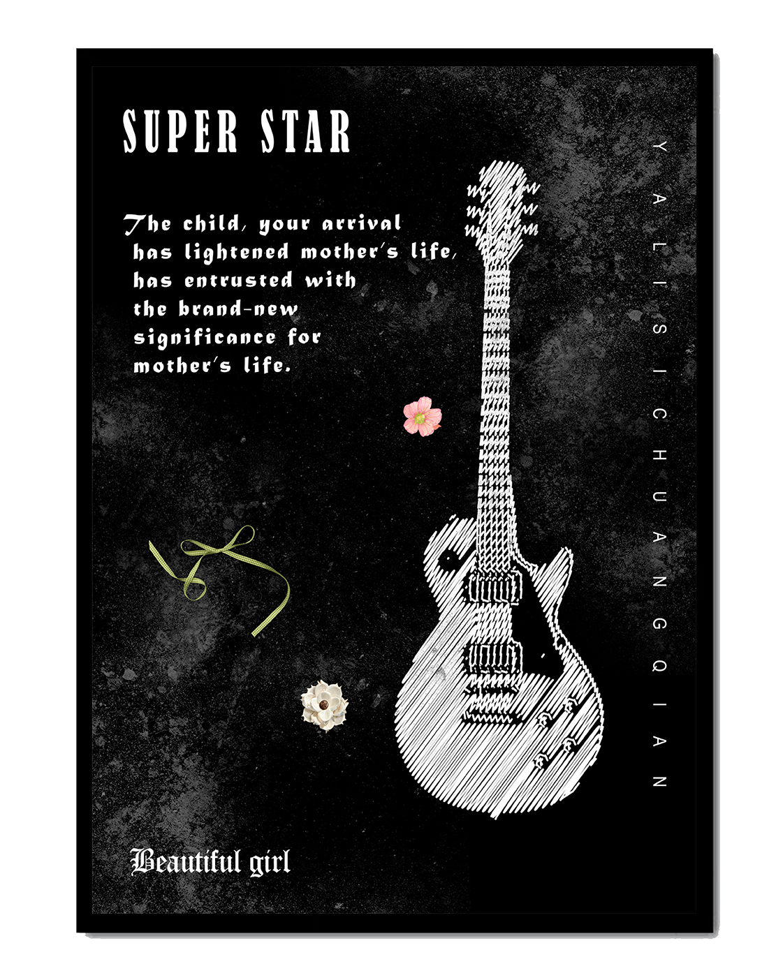 Ilustración de guitarra en blanco y negro artística con texto conmovedor