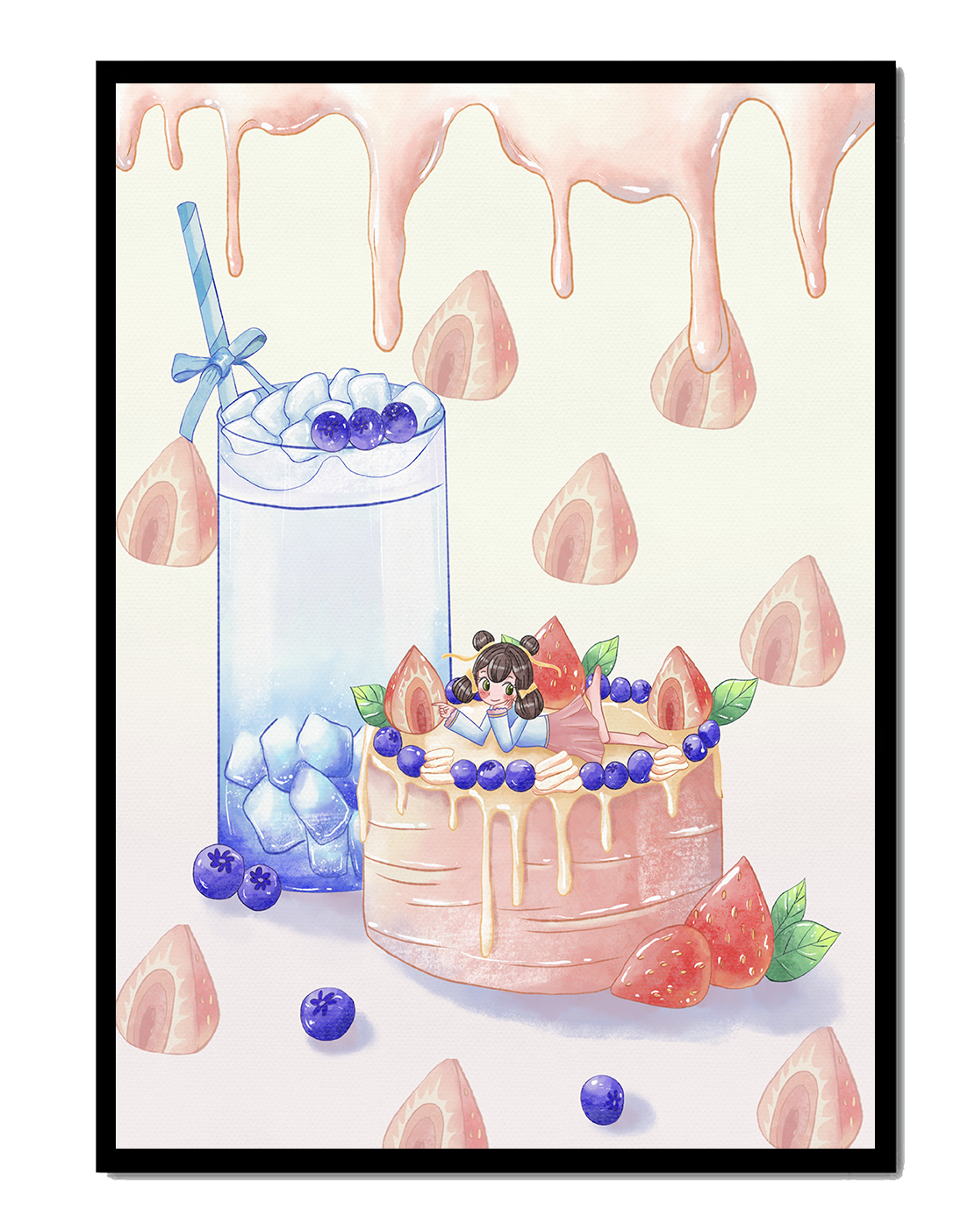 Whimsical dessert scene with cake and beverage featuring playful accents