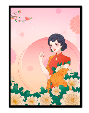 Elegant Woman in Traditional Asian Dress with Floral Background - Mi tienda