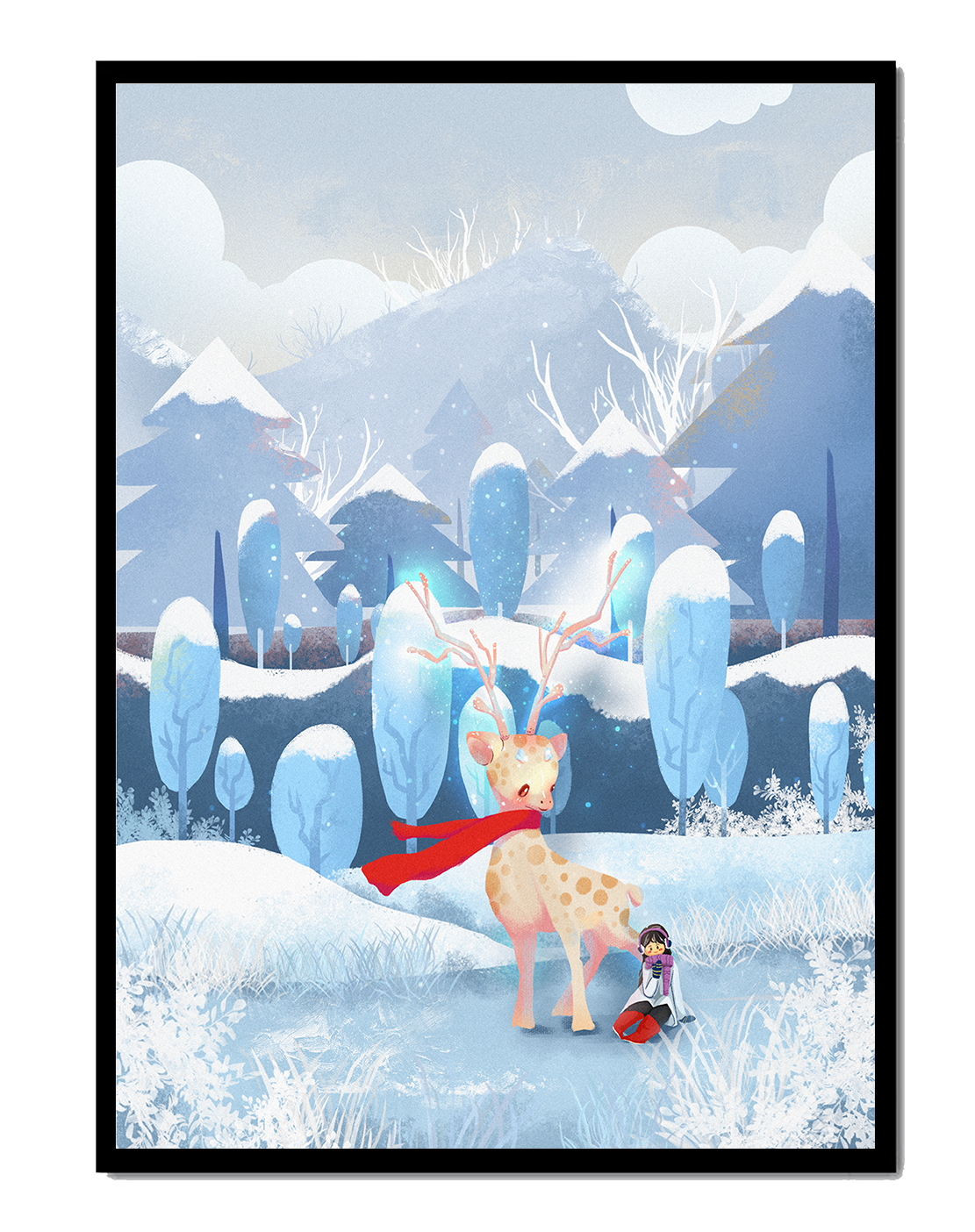 Escena invernal con un ciervo y un niño en un paisaje boscoso nevado