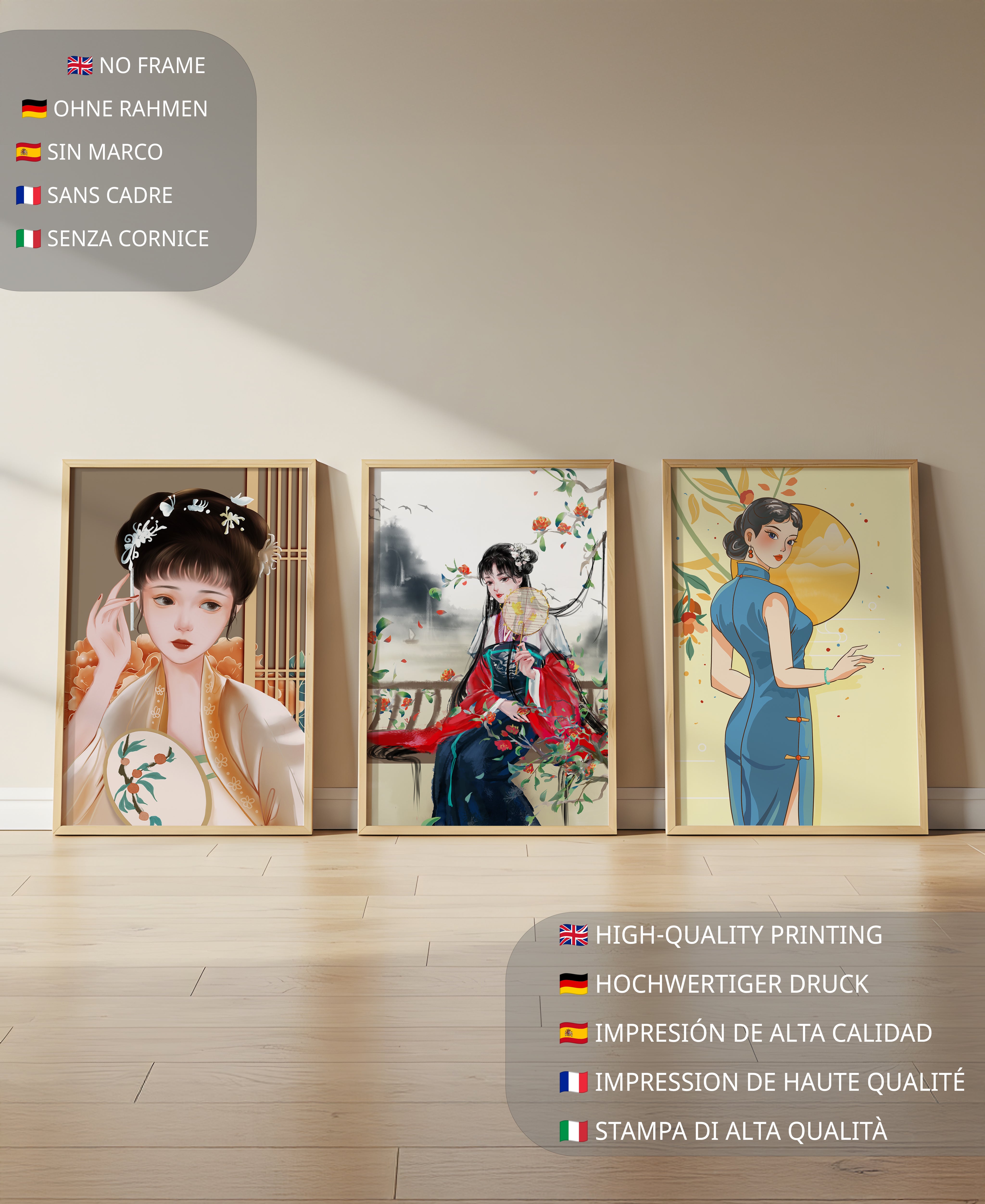 Art numérique avec motifs asiatiques et illustrations de femmes