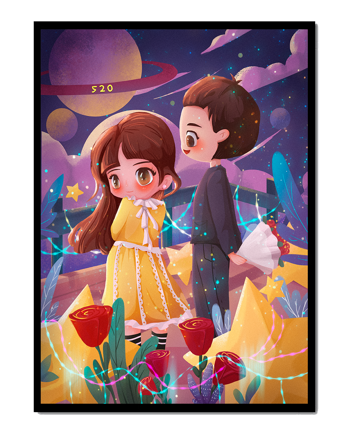 Romantic couple illustration with stars and roses in a magical night setting