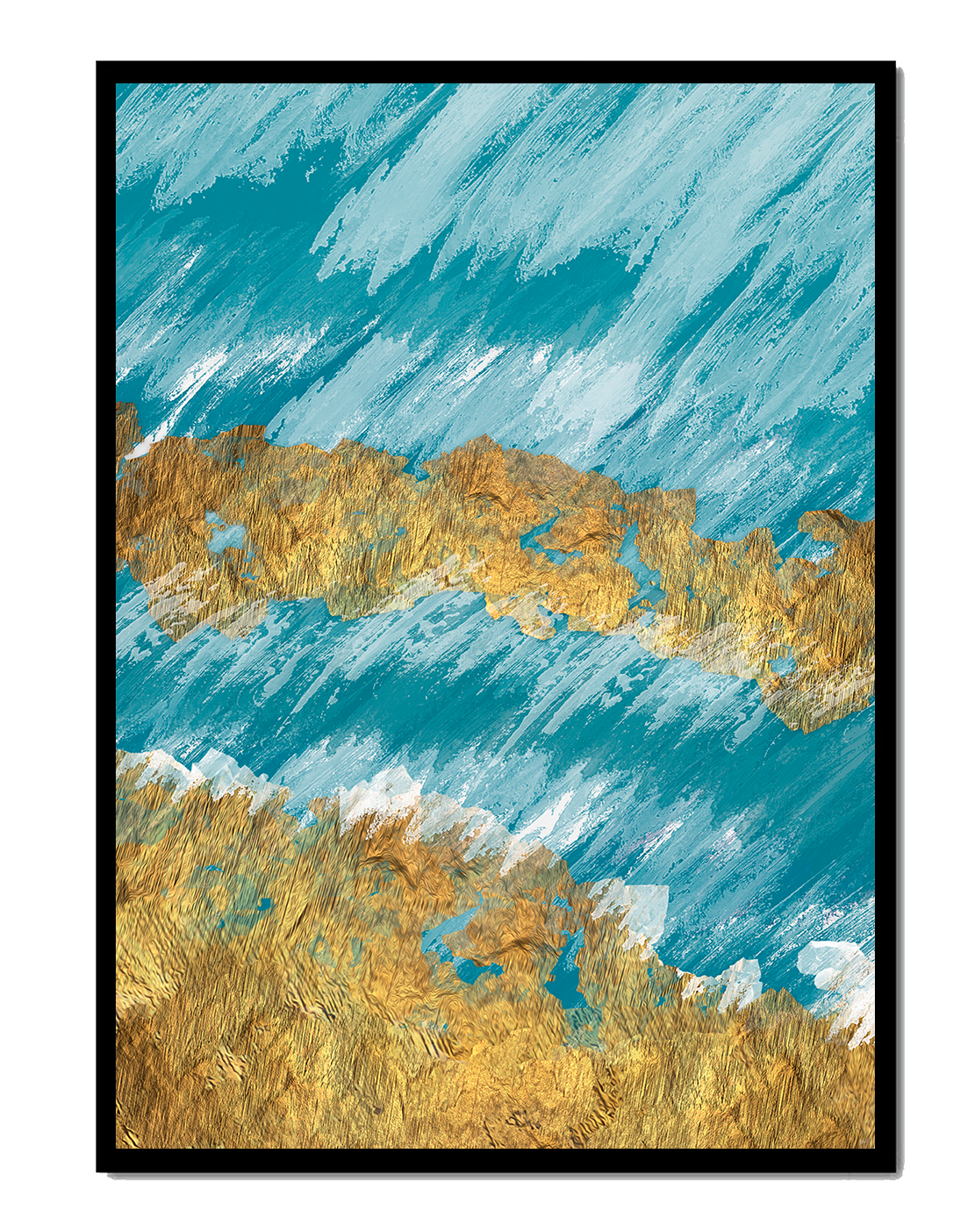 Abstract painting with gold texture and blue background