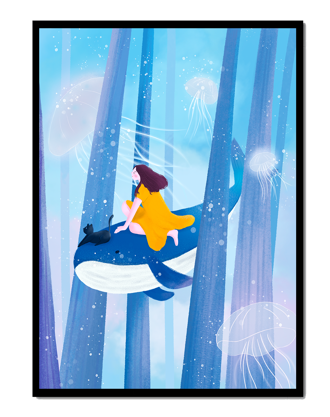 Dreamlike scene with girl, cat, and whale in an ethereal ocean