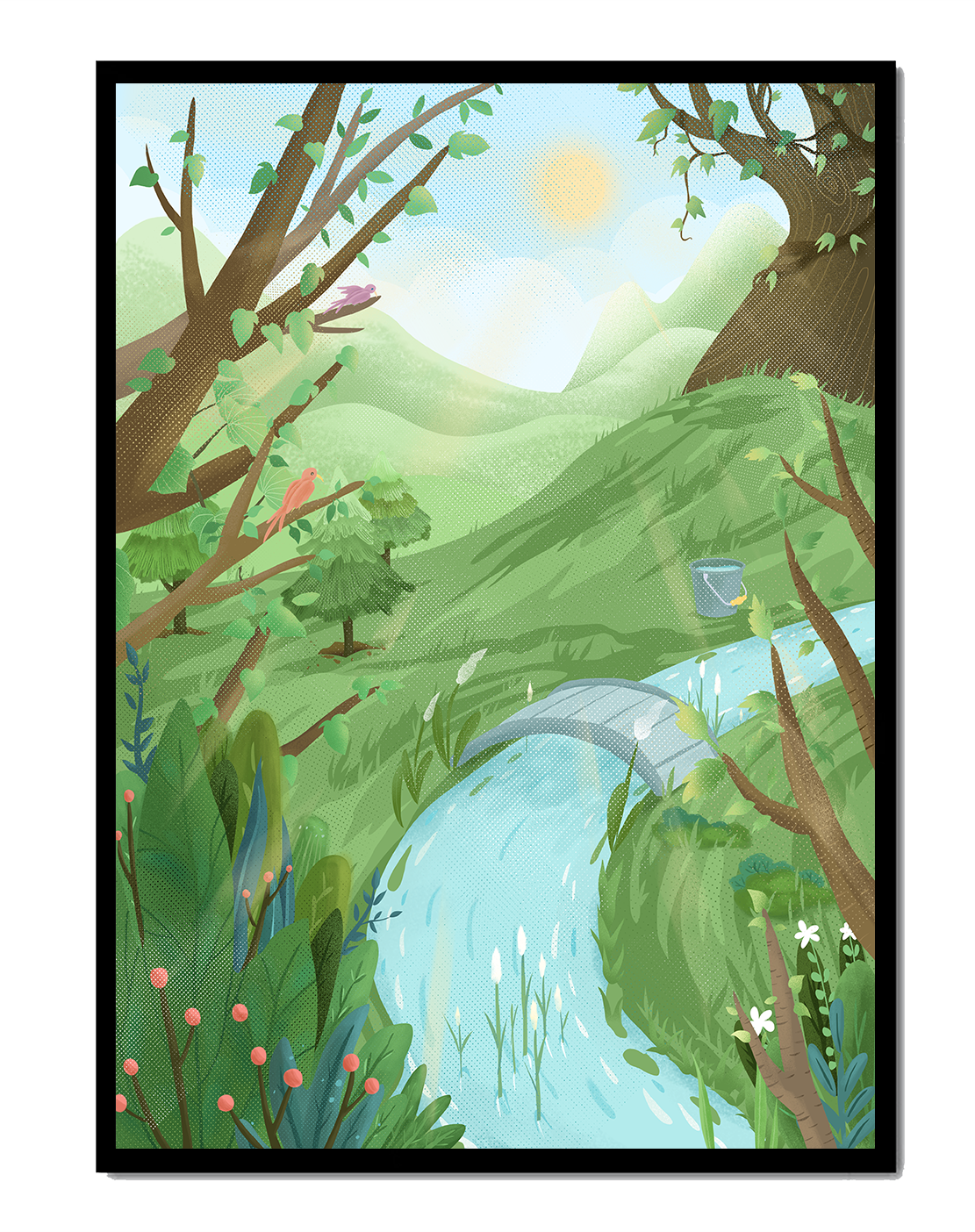 Paisaje sereno con aves y río bajo un cielo soleado