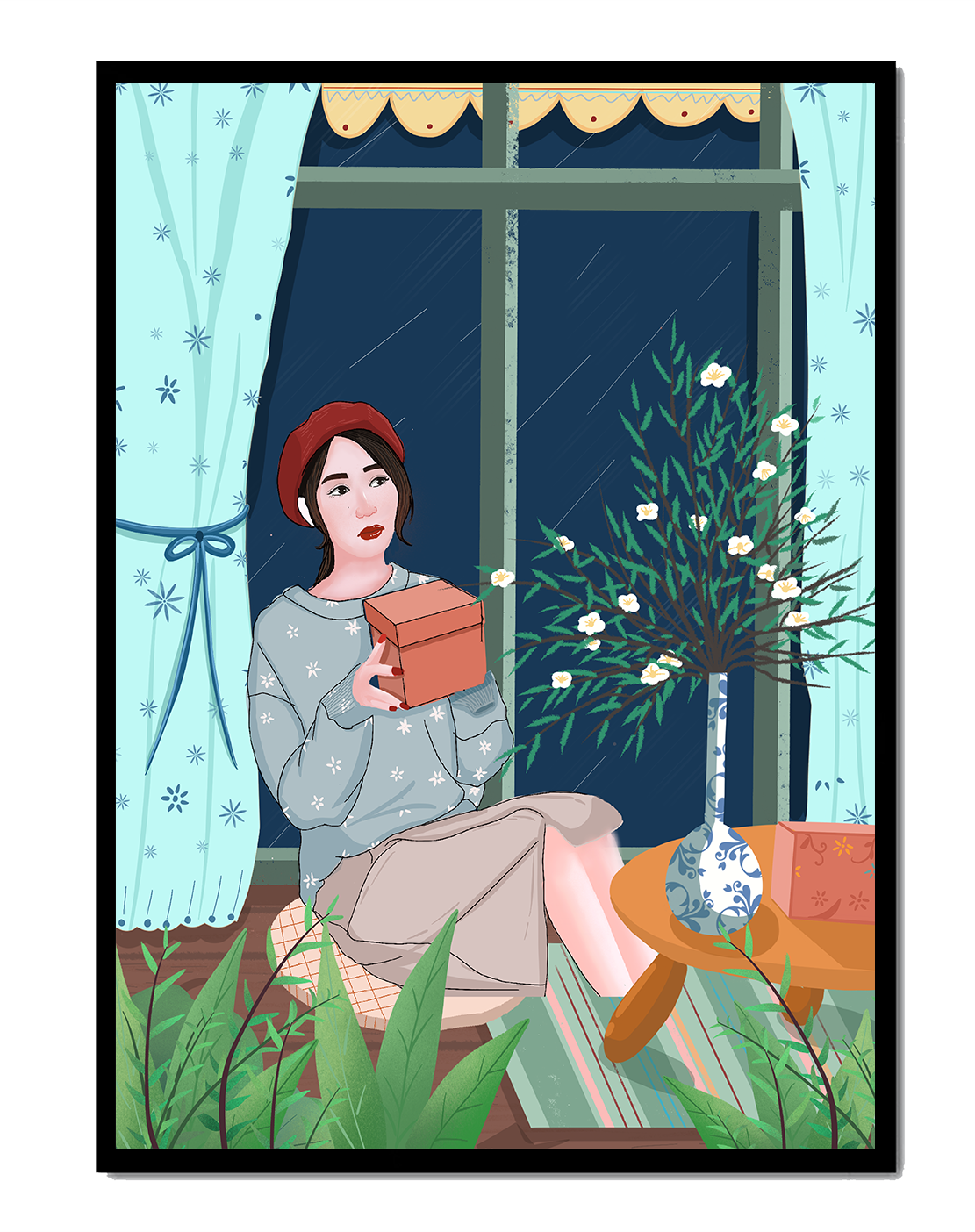 Mujer sosteniendo una caja de regalo en un interior acogedor con flores y ventana lluviosa