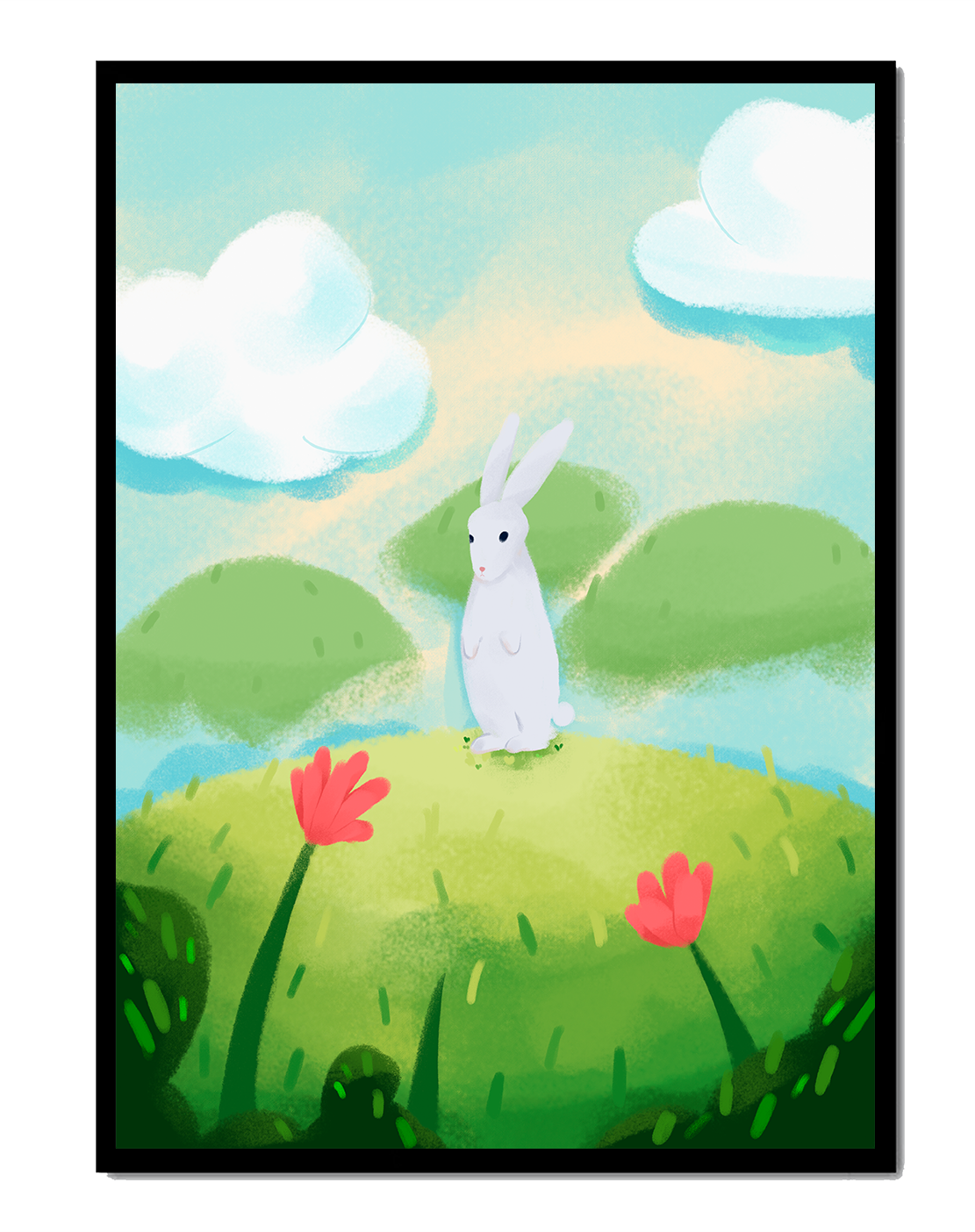 Whimsical landscape with rabbit and colorful flowers