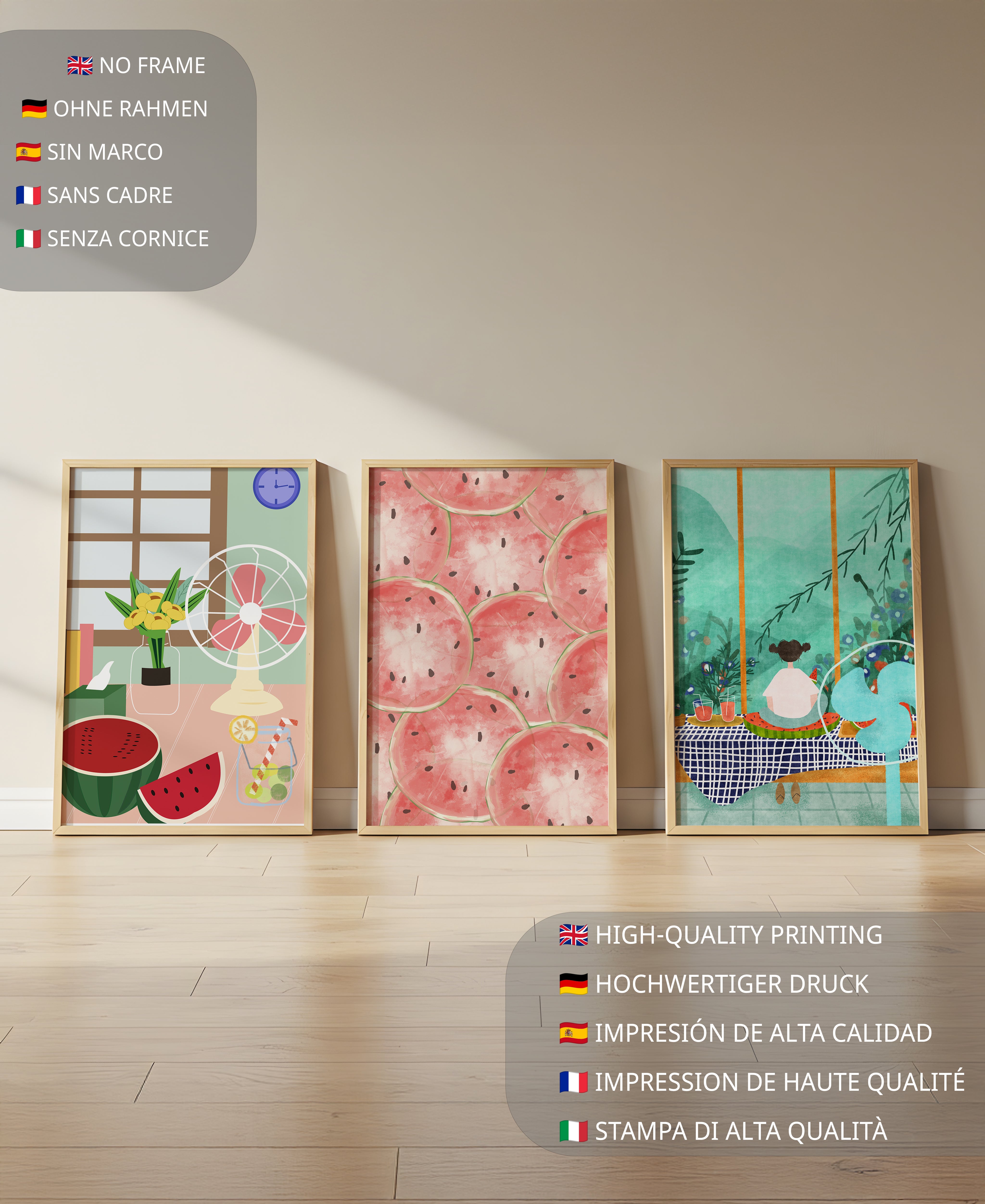 Conjunto de impresiones artísticas coloridas en ambiente moderno