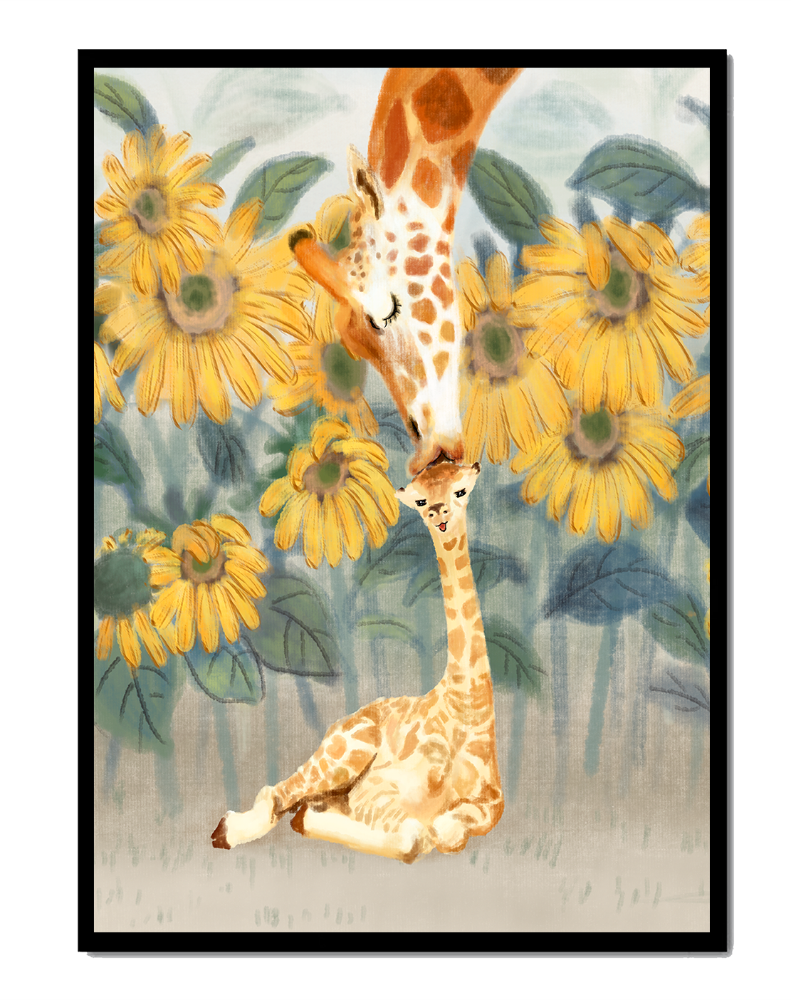 Giraffe and sunflowers watercolor painting of tender giraffe family scene