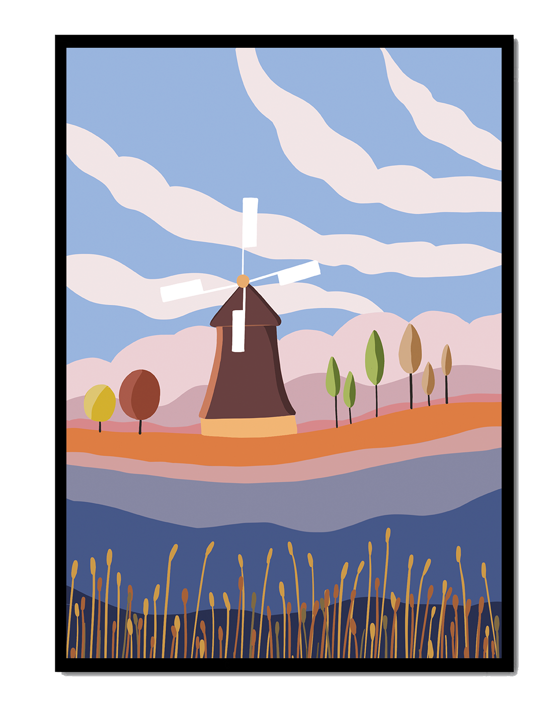 Colorful Landscape Featuring Windmill and Abstract Trees