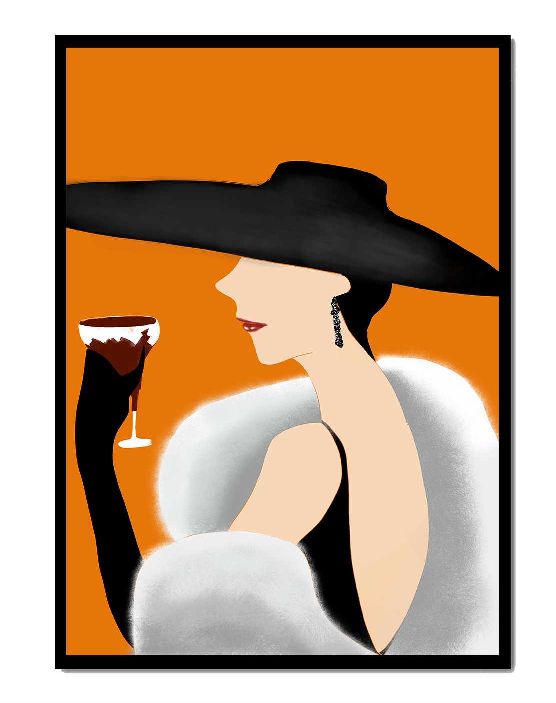 Elegant Woman in Black Hat and White Fur with Wine Glass