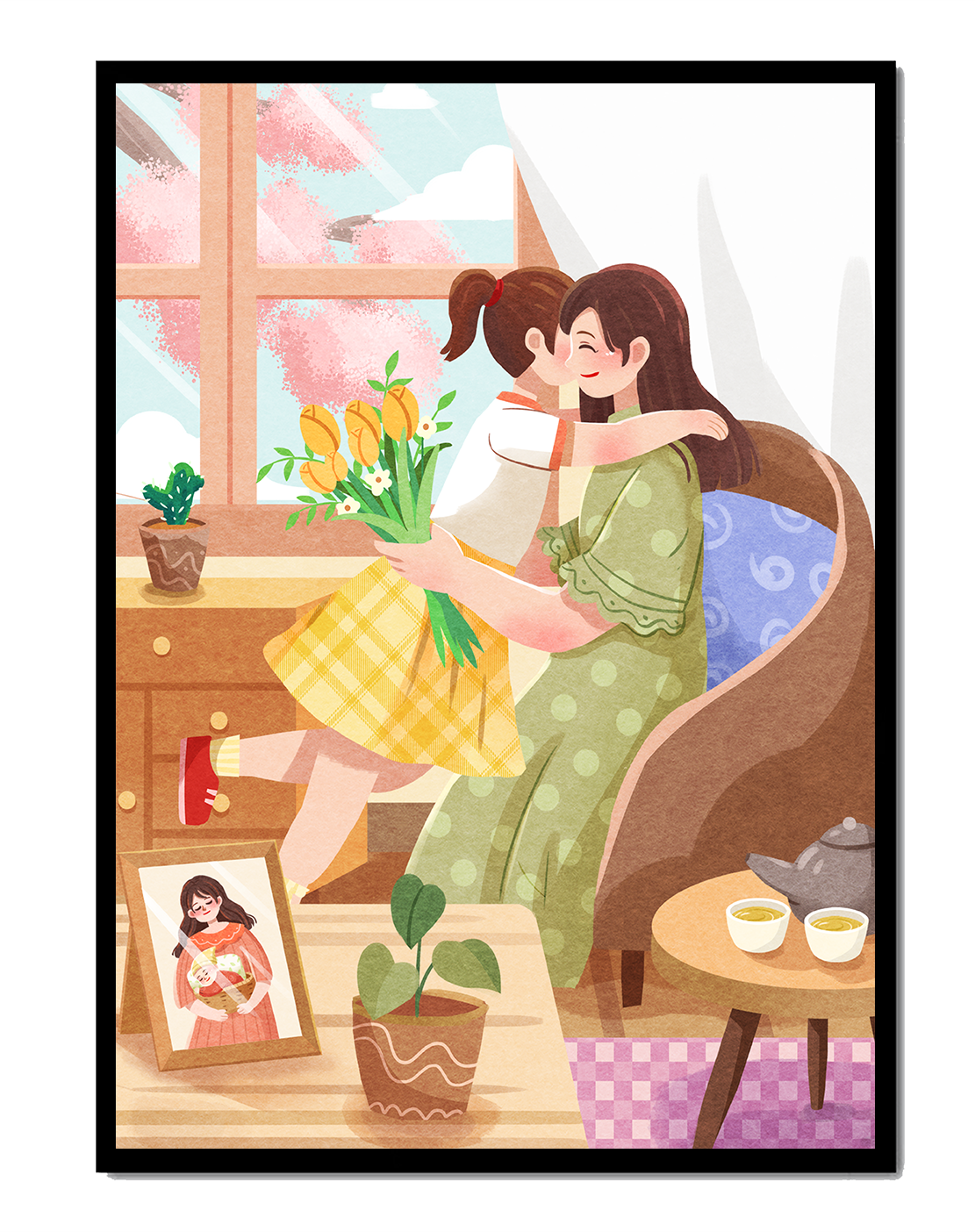 Cozy living room scene with mother and daughter hugging near window
