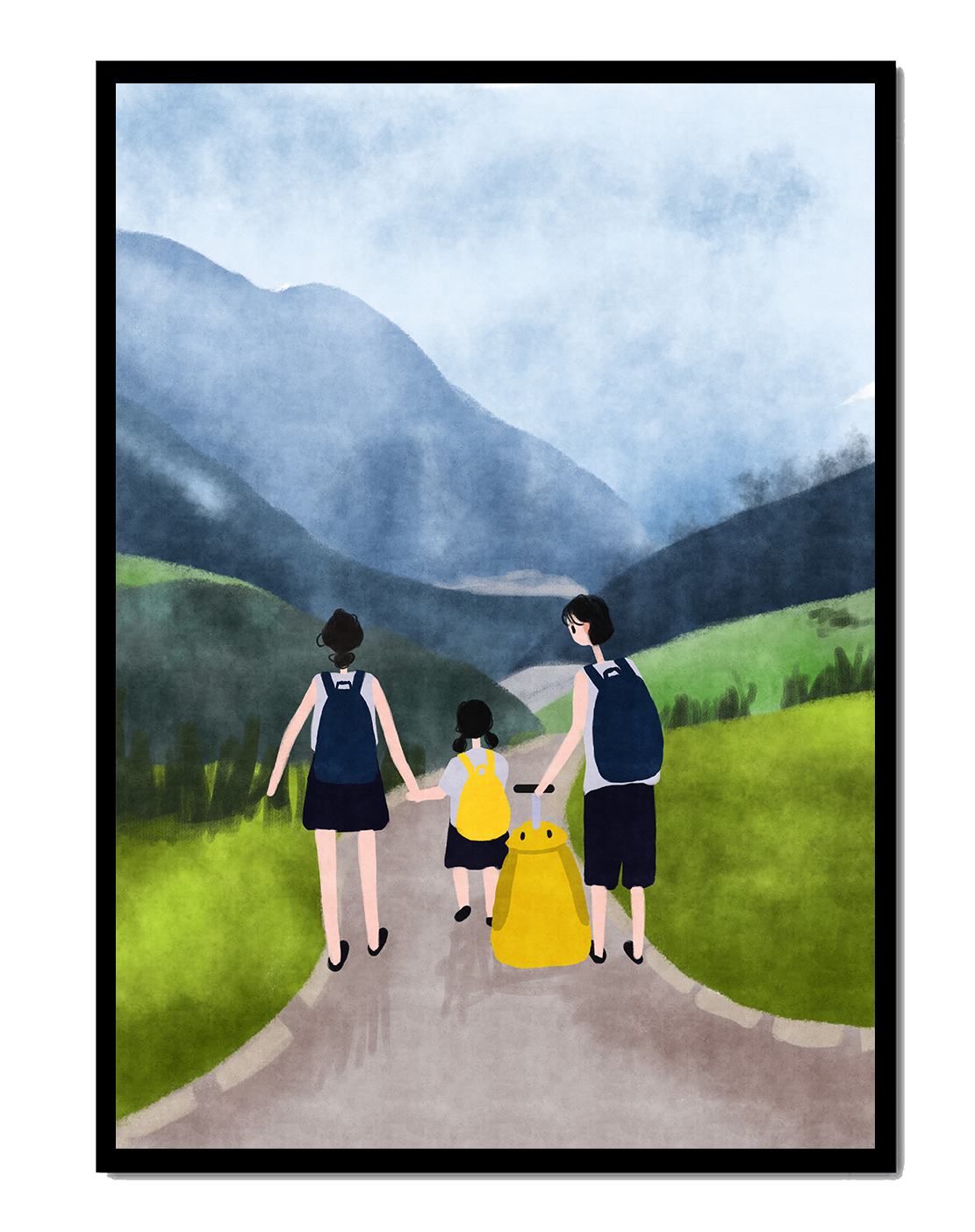 Family hiking in scenic mountain landscape with backpacks