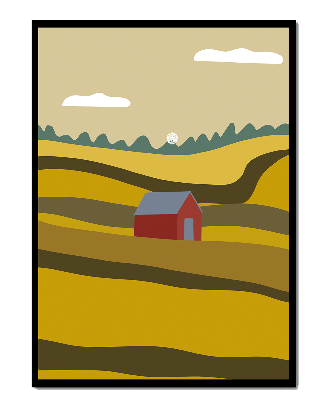 Paisaje con granero rojo entre colinas onduladas bajo un cielo azul