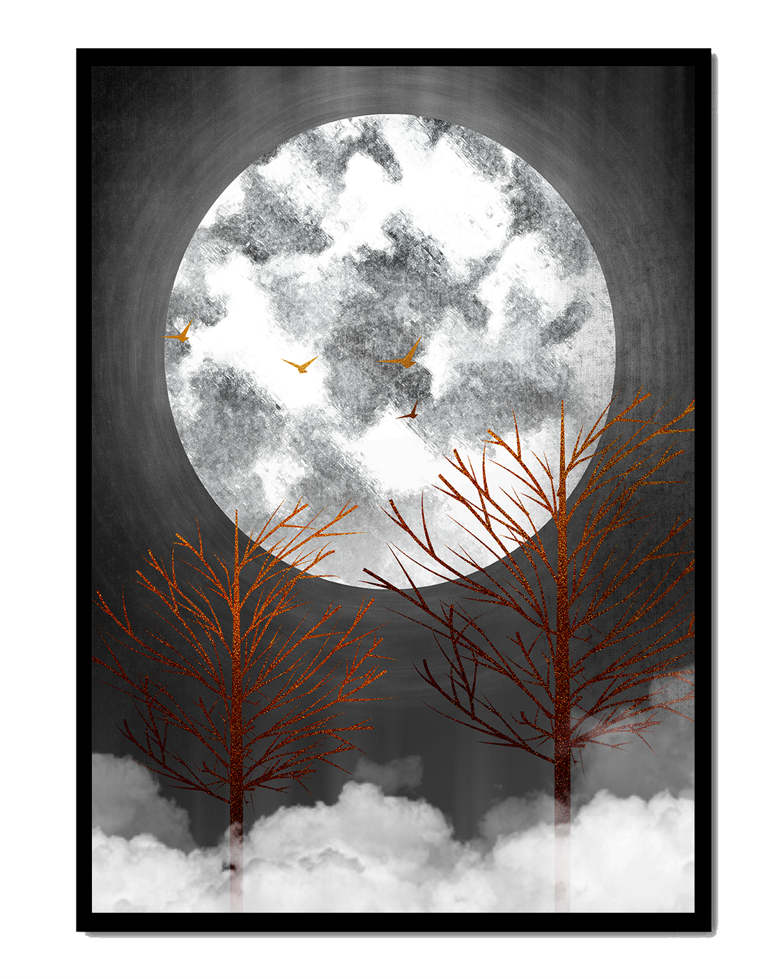Surreal Night Scene with Trees and Golden Birds in Moonlight