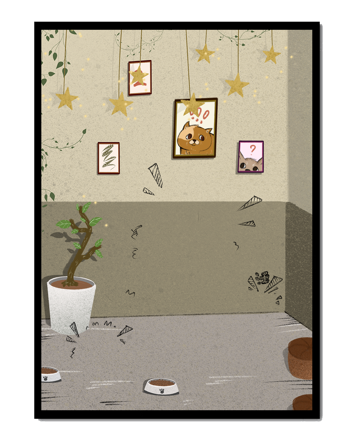 Cozy Room with Star Decorations and Cat Artwork