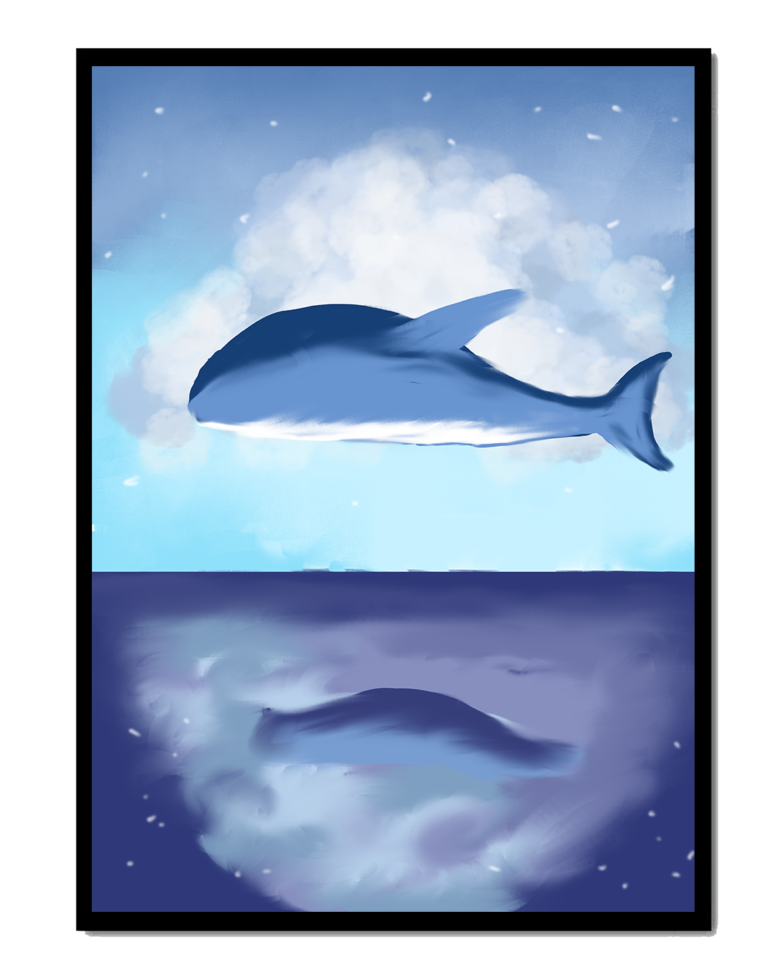 Surreal Ocean Scene with Floating Whale and Cloudy Sky Reflection