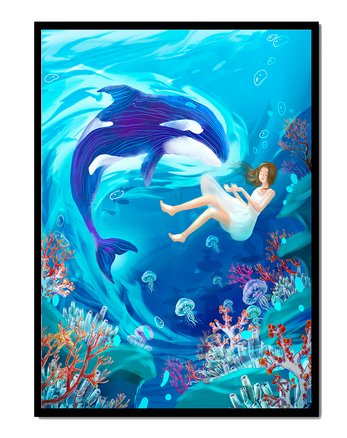 Underwater fantasy scene with a playful whale and a girl floating amidst coral and jellyfish