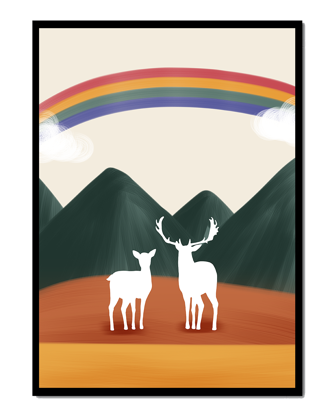 Paisaje sereno con ciervo y arcoíris sobre montañas