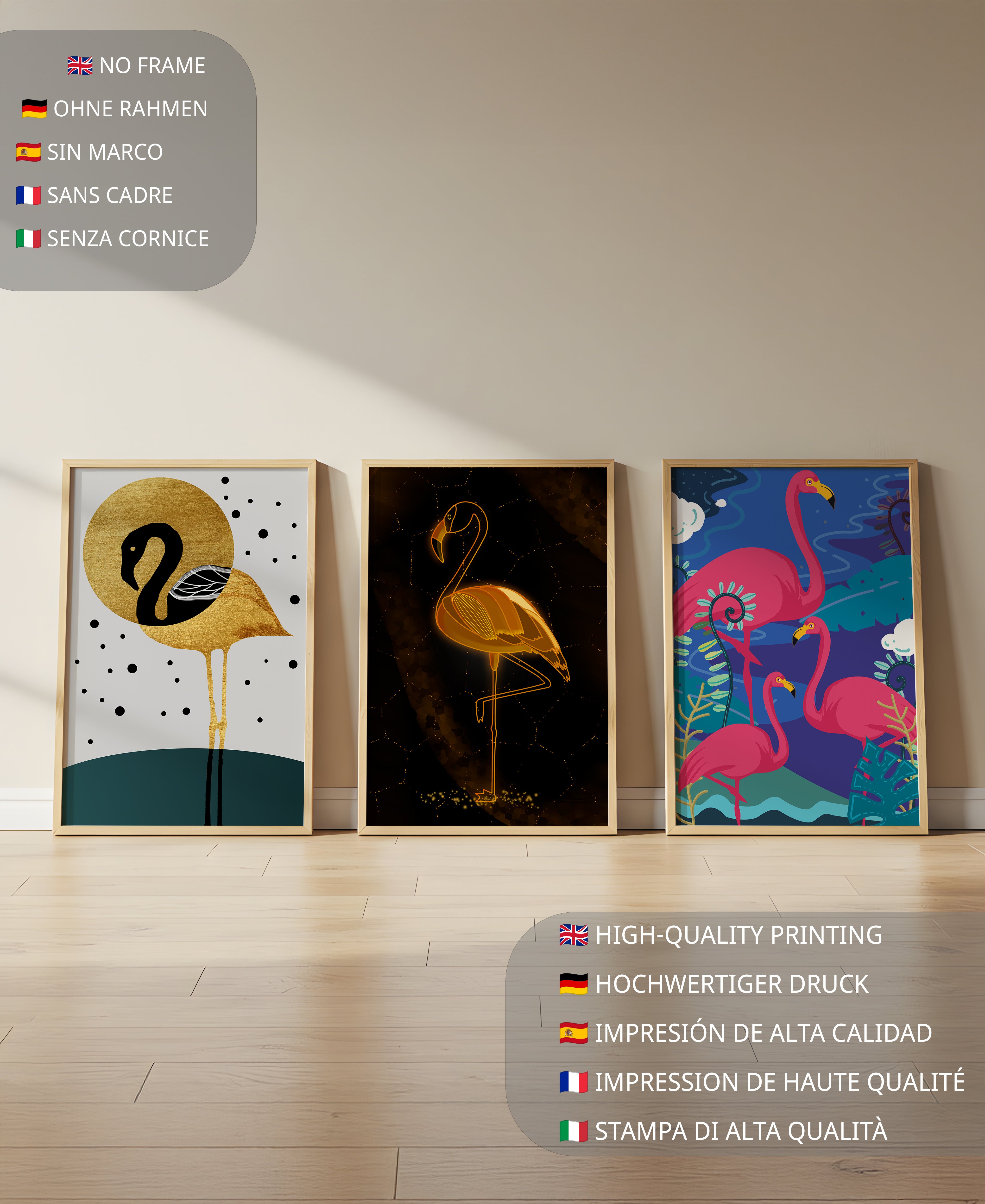 Triptyque de flamants roses avec détails dorés et design moderne