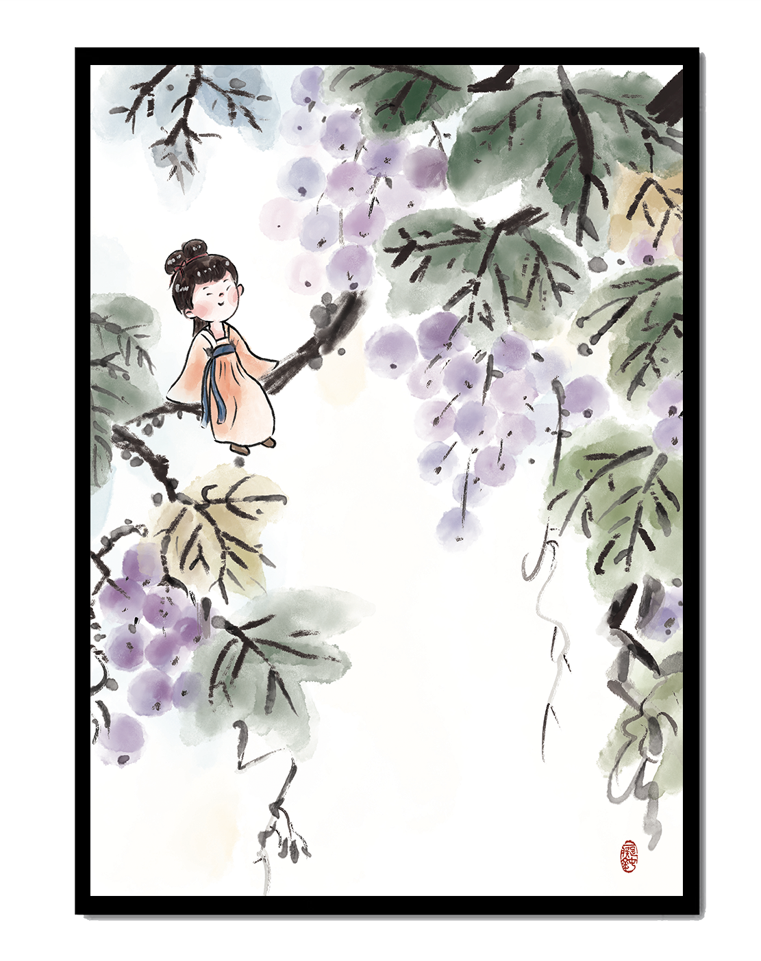 A Whimsical Girl Sitting on a Branch with Purple Berries and Green Leaves in Watercolor Style