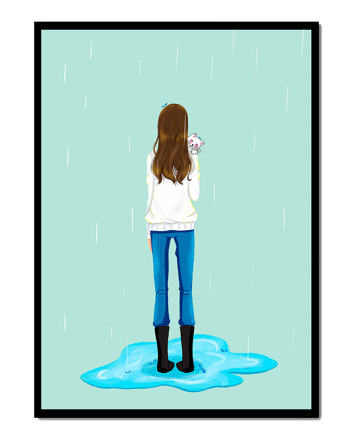 Young woman with cat in the rain