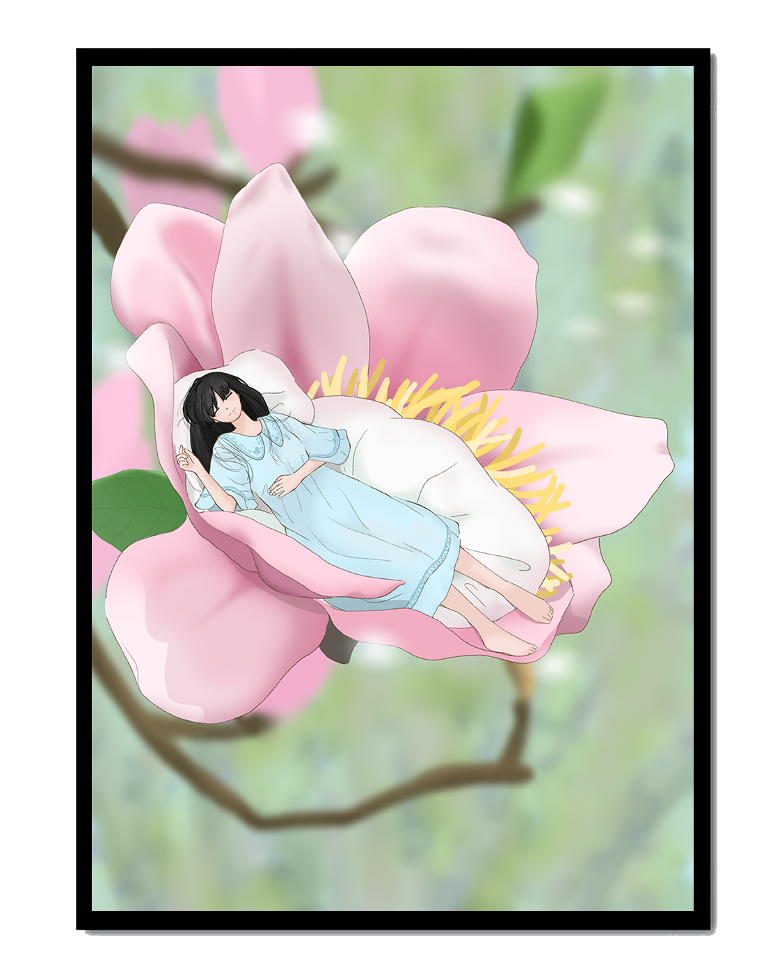 Dreamlike scene of a woman sleeping in a large pink flower