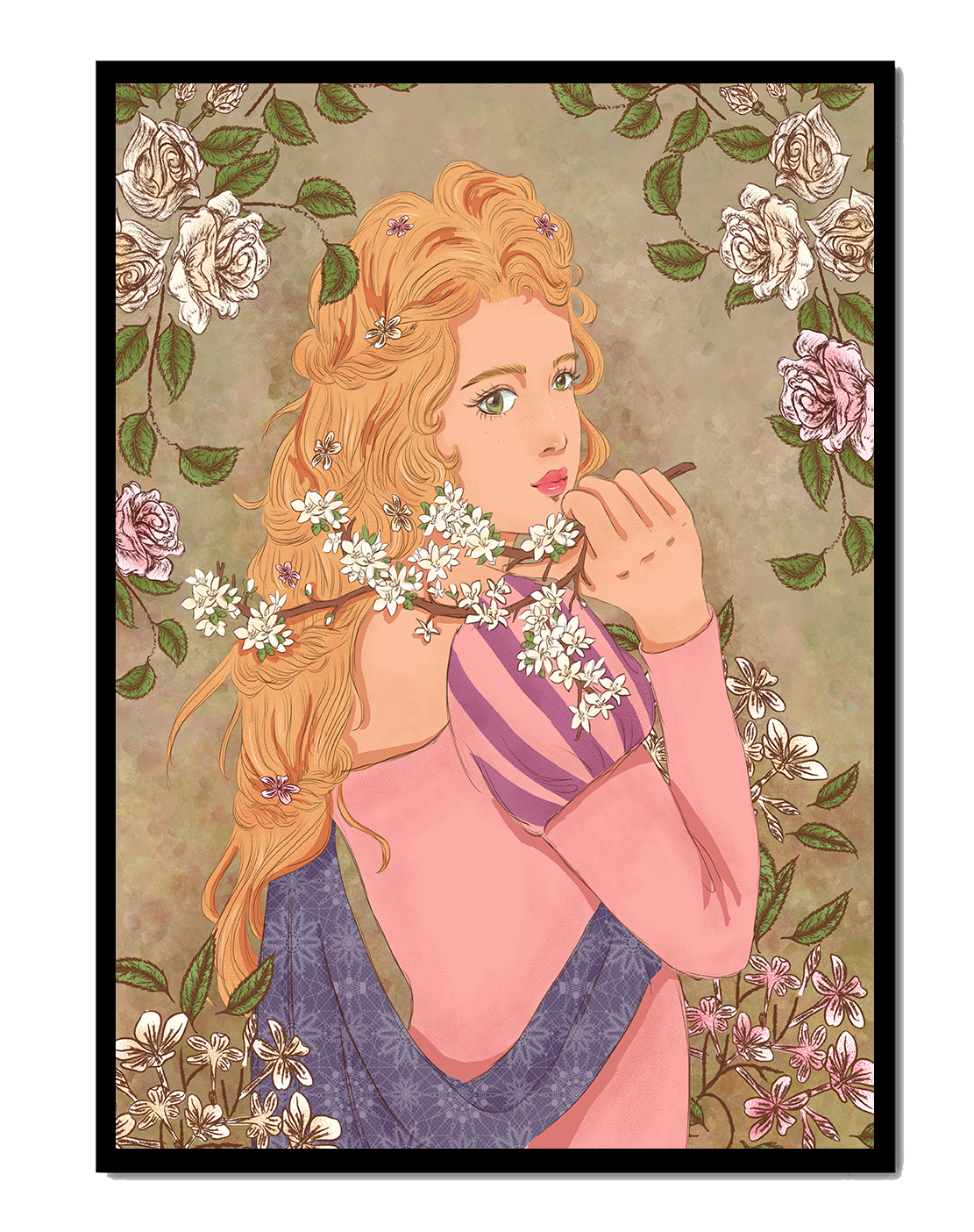 Romantic Floral Illustration of a Woman with Long Hair and Blossoming Flowers