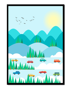 Colorful Landscape with Cars on Mountainous Road and Sunlit Sky - Mi tienda