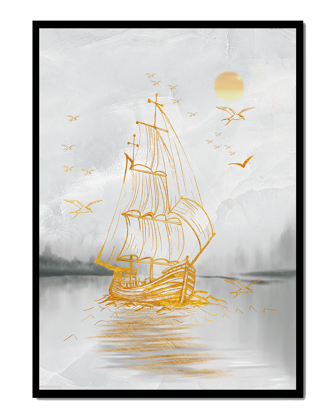 Serene nautical scene with golden sailboat at sea