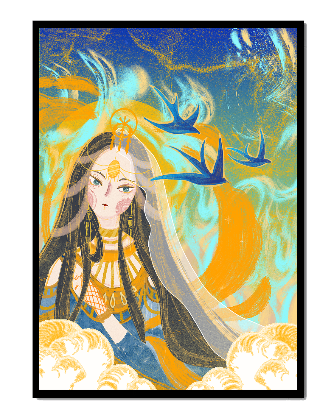 Majestic Goddess with Birds and Golden Elements in Mystical Setting