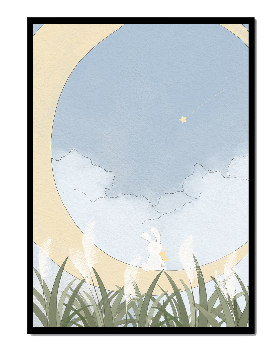 Dreamy Rabbit Sitting on Crescent Moon with Star and Clouds in Sky