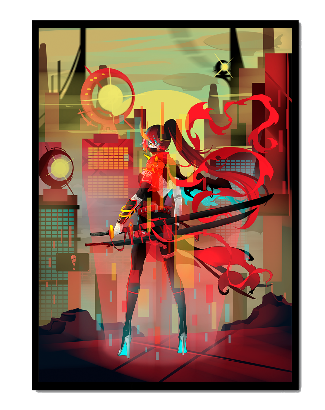 Futuristic warrior in a cyberpunk cityscape with swords and red accents