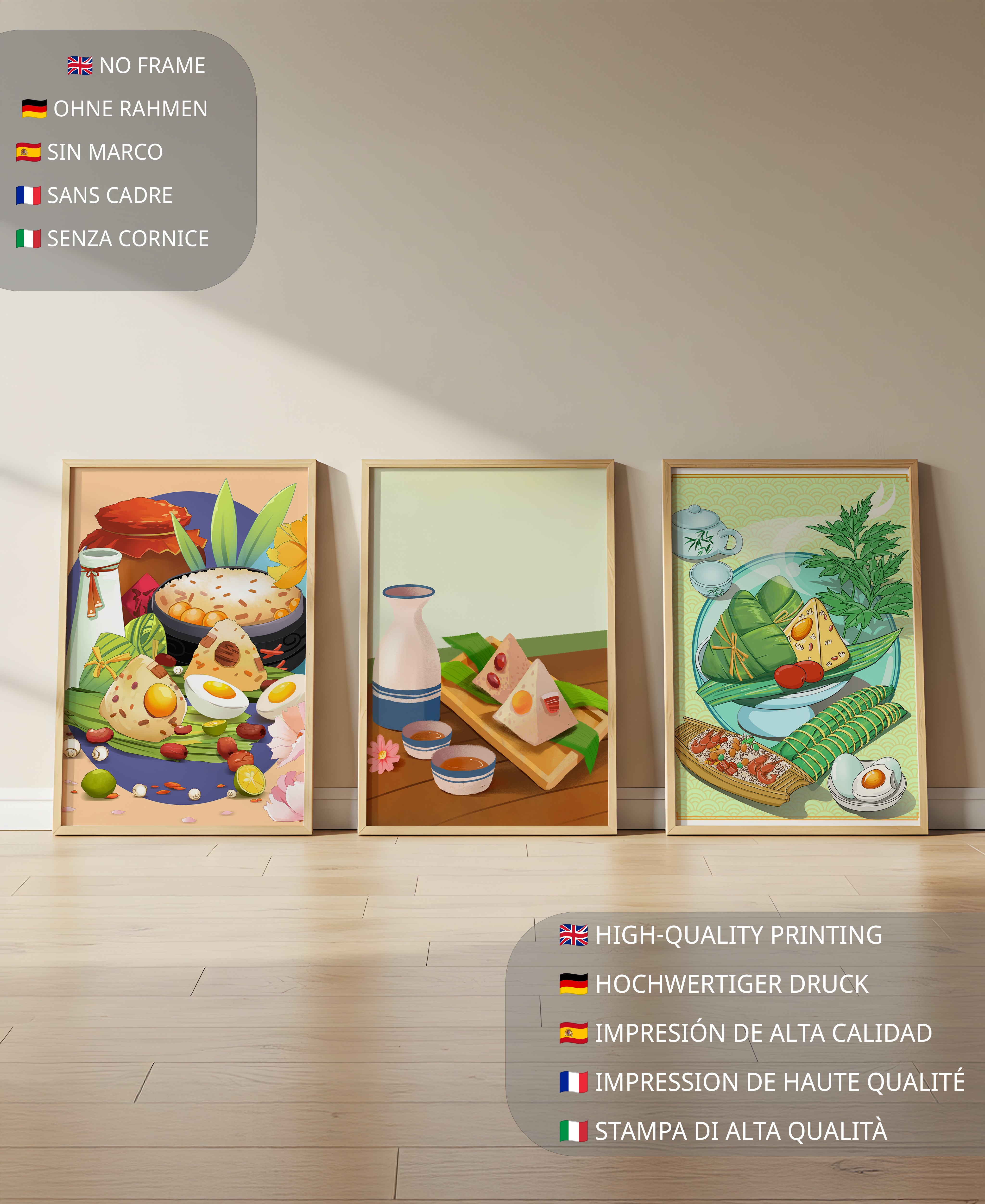 Illustrations de cuisine asiatique dans des cadres en bois