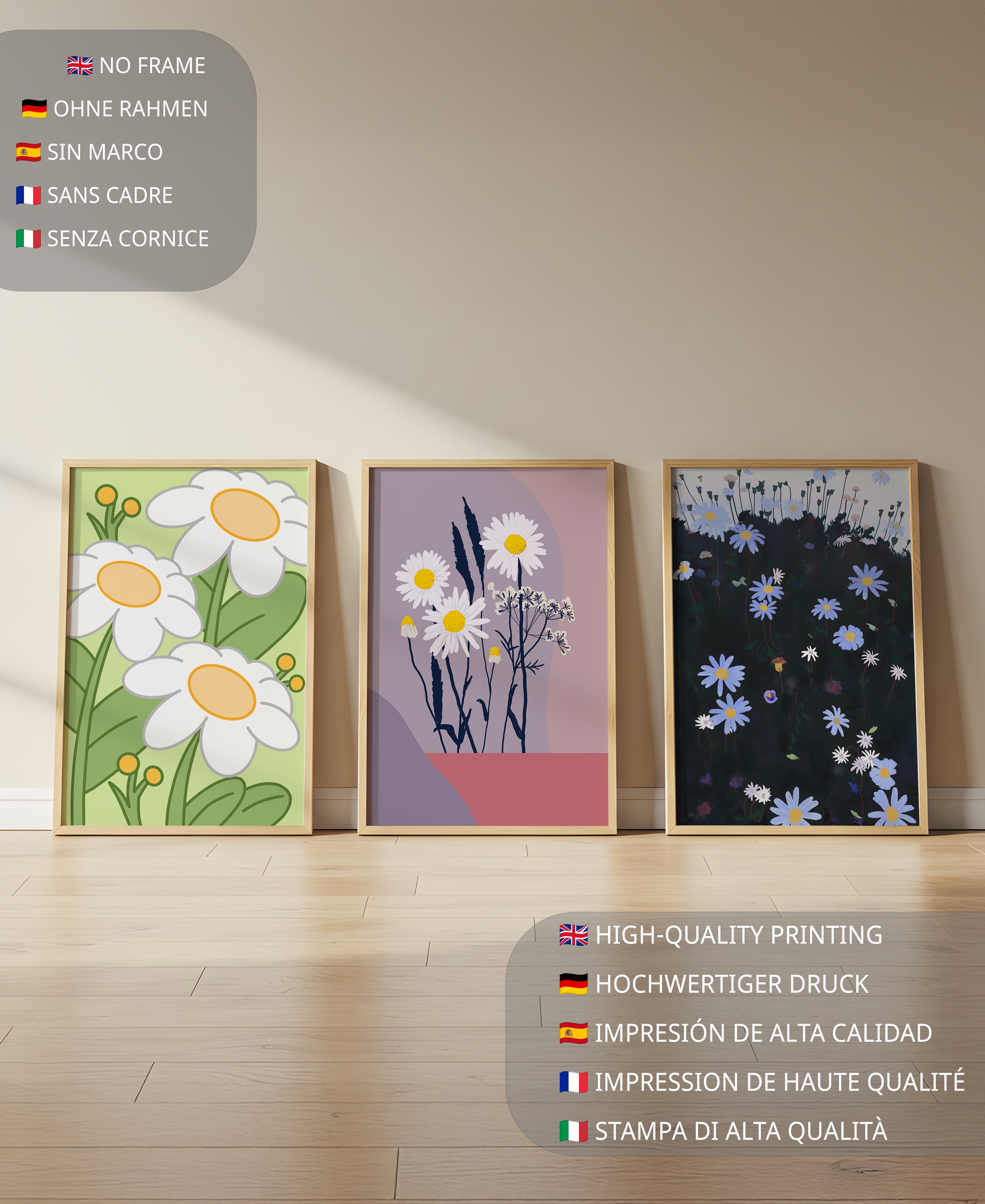 Tríptico De Arte Floral Con Margaritas En Colores Pastel