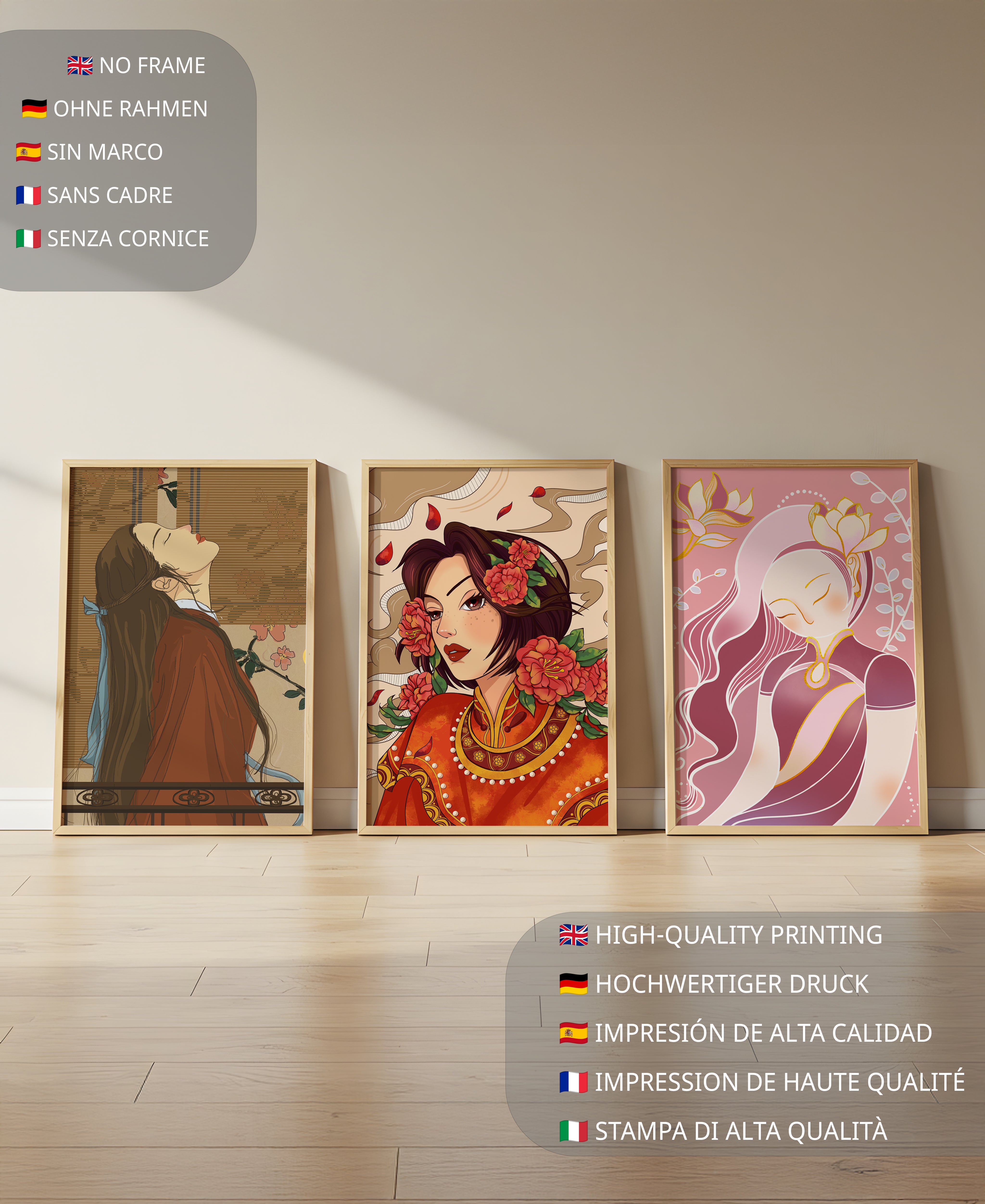 Conjunto de Ilustraciones de Estilo Asiático Presentadas Sin Marco en Fondo Claro