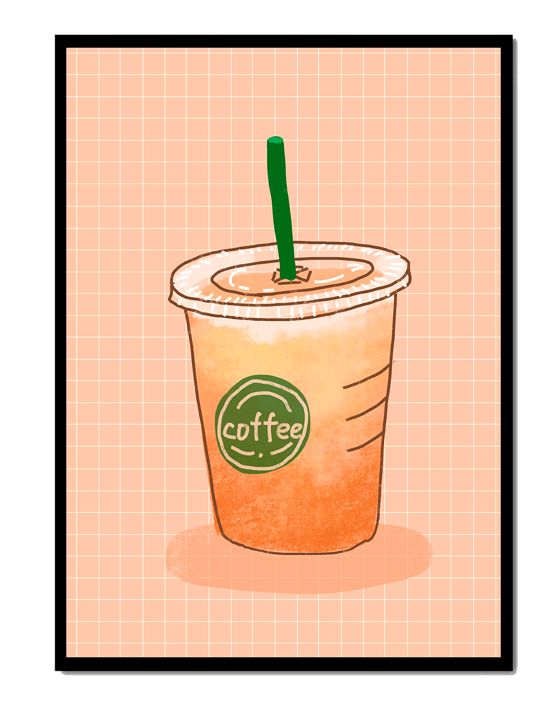 Illustrated iced coffee cup on peach grid background