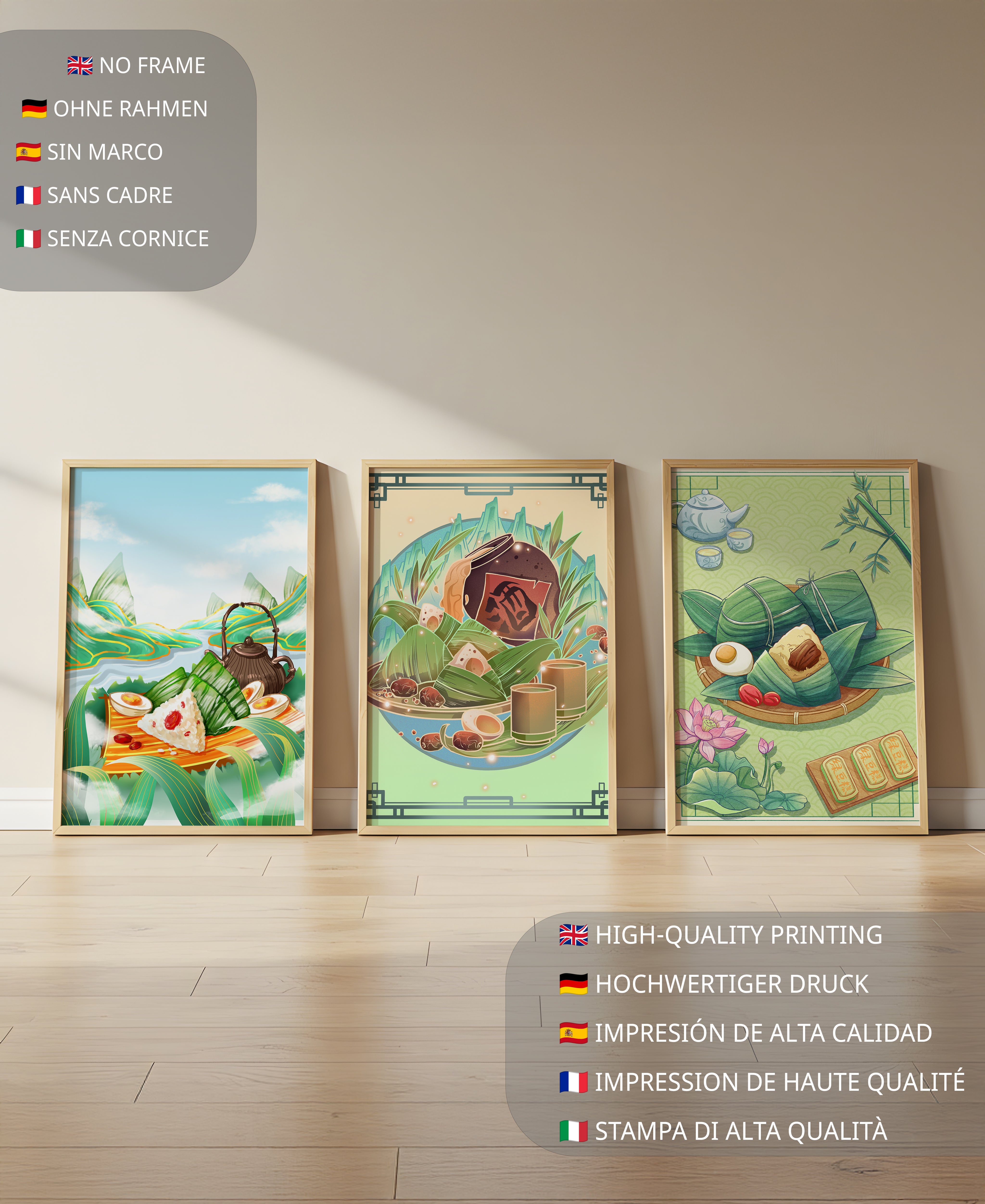 Décorations artistiques de cuisine asiatique dans des cadres colorés