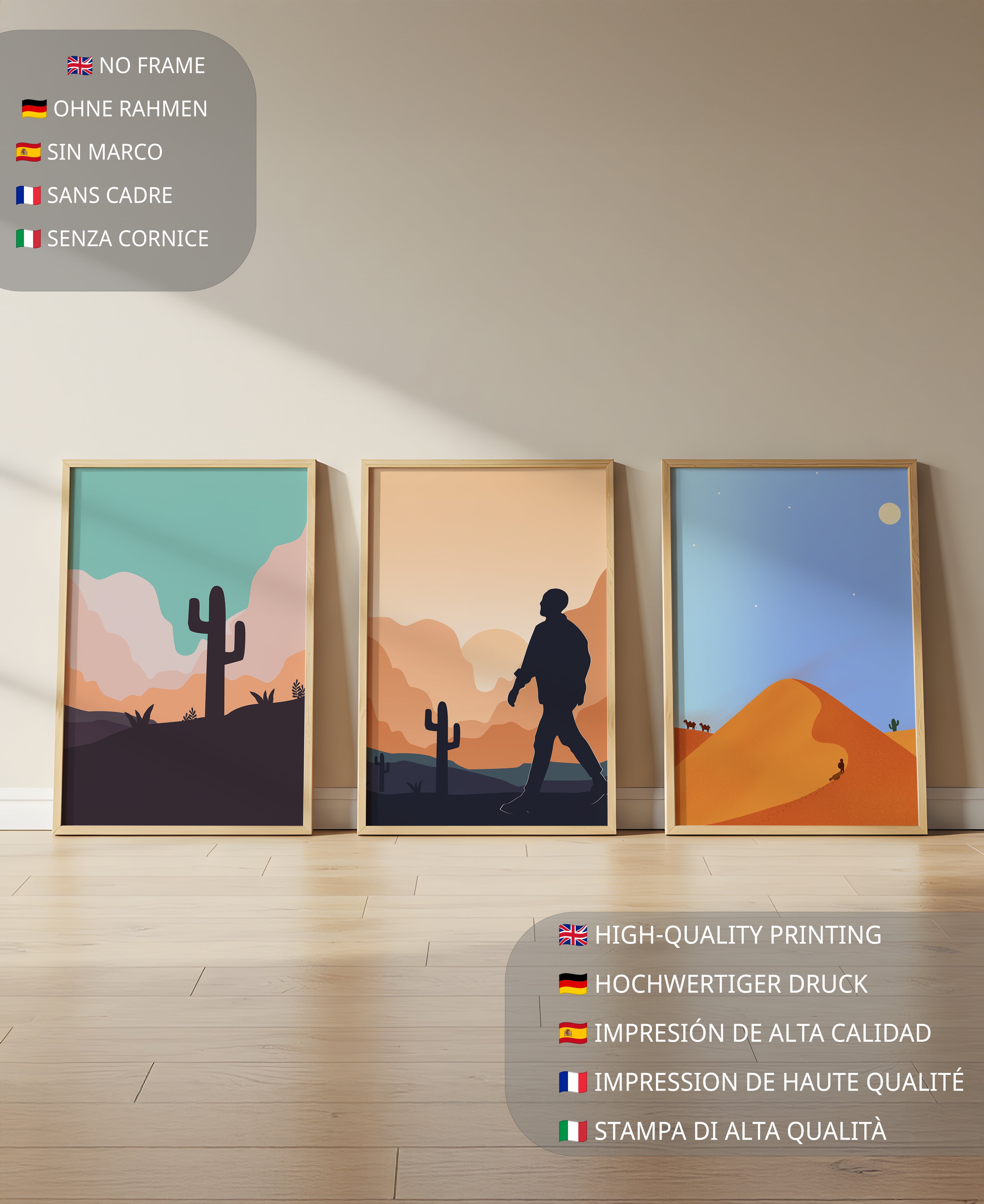 Ensemble d'impressions artistiques de paysages désertiques avec des silhouettes et des cactus