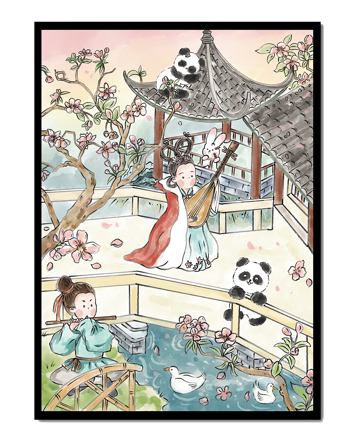 Escena tranquila de jardín asiático con pandas y flores