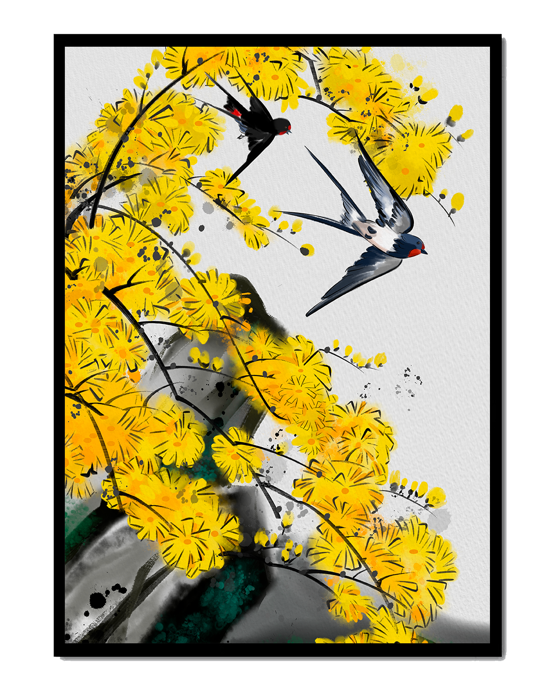 Artistic depiction of swallows amid vibrant yellow blossoms