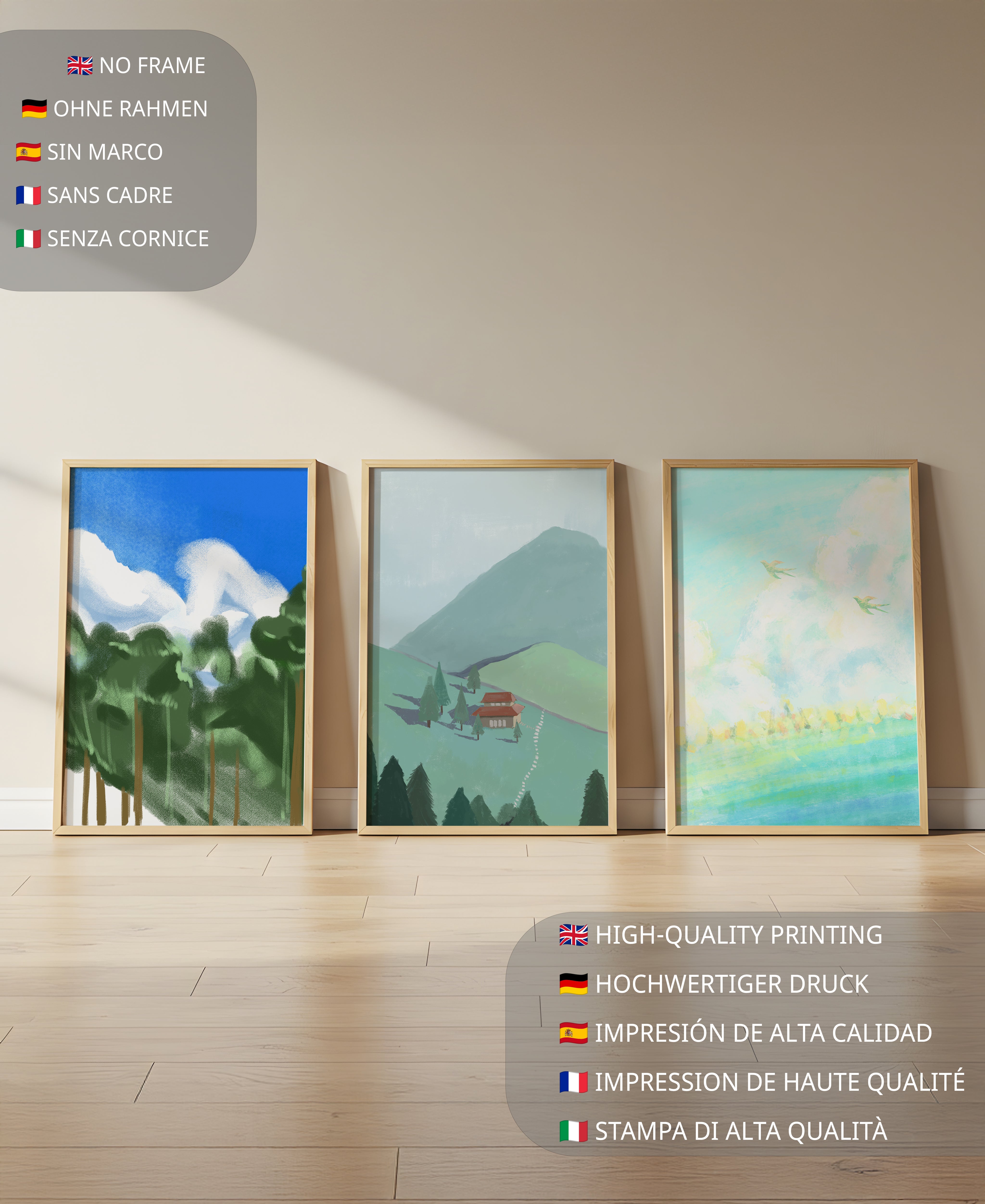 Jeu de trois œuvres d'art de paysage moderne sans cadre