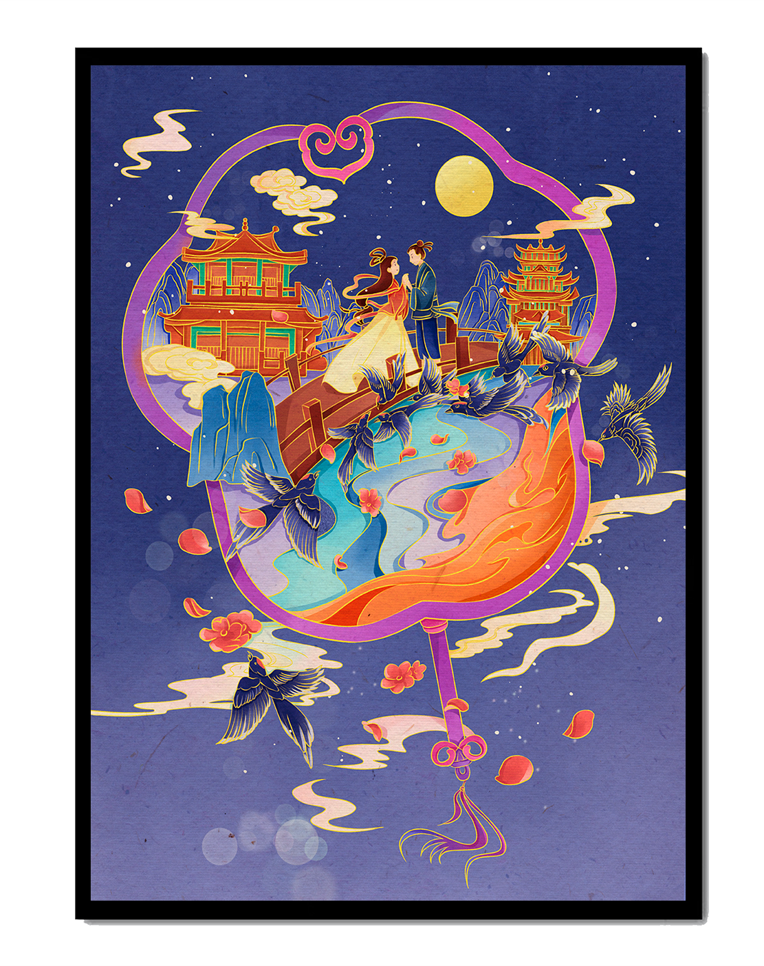 Romantic oriental night scene with couple and pagodas under moonlight