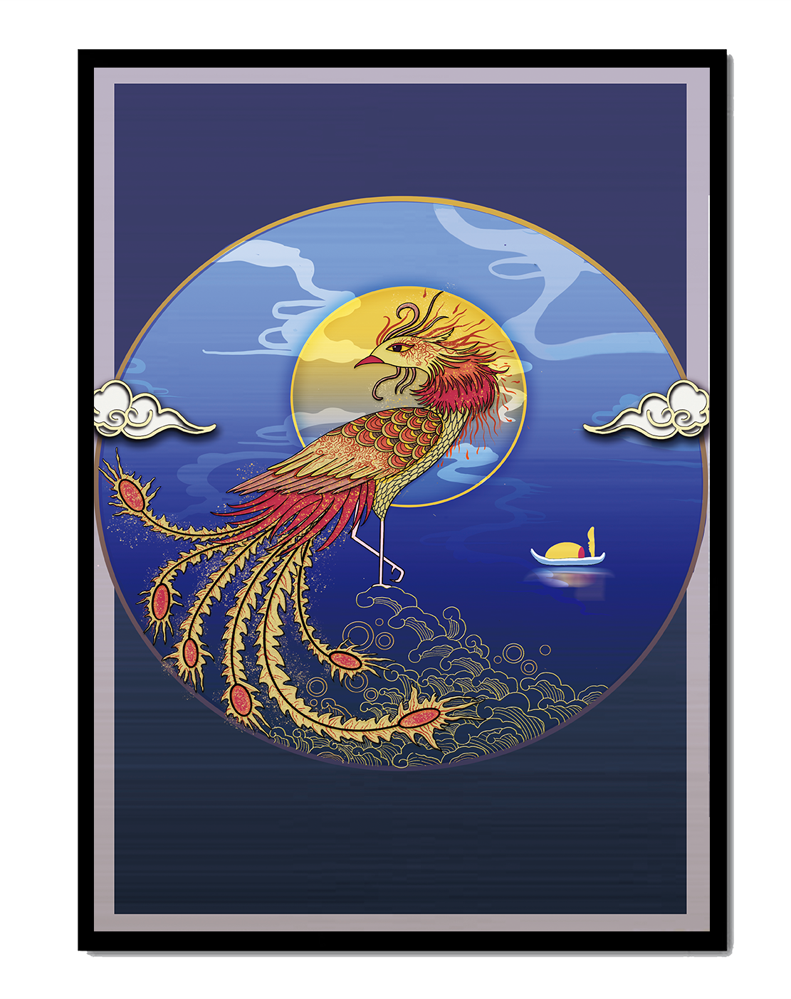Golden Phoenix with Vibrant Feathers in Mystical Sea Setting