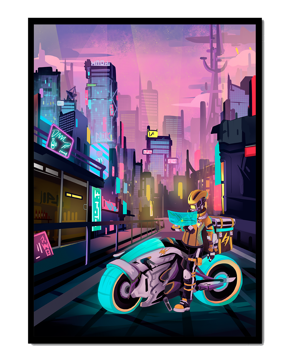 Футуристический киберпанк‑город с неонно освещёнными небоскрёбами и мотоциклистом