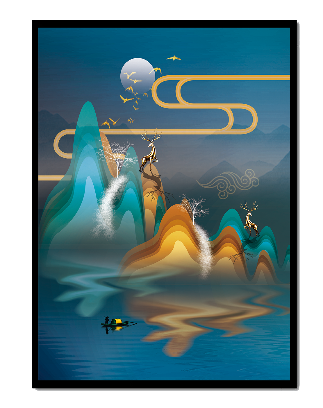 Paisaje abstracto con ciervo dorado y montañas en capas en una serena escena nocturna