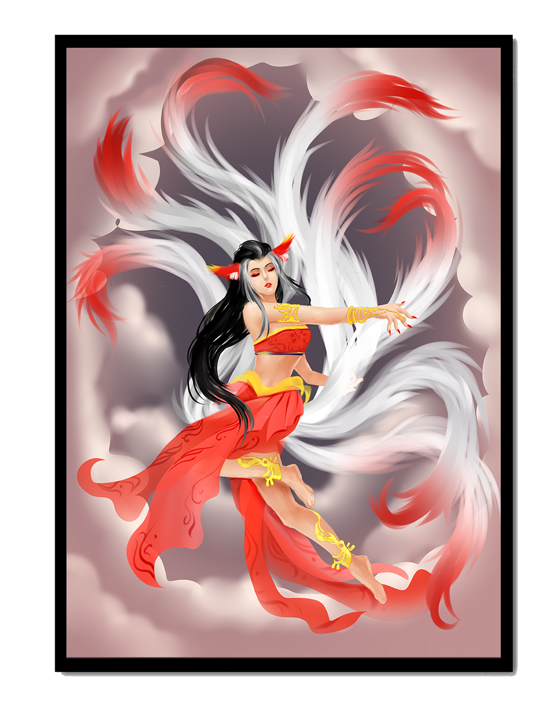 Graceful fantasy fox spirit with flowing tails and red attire in mystical clouds