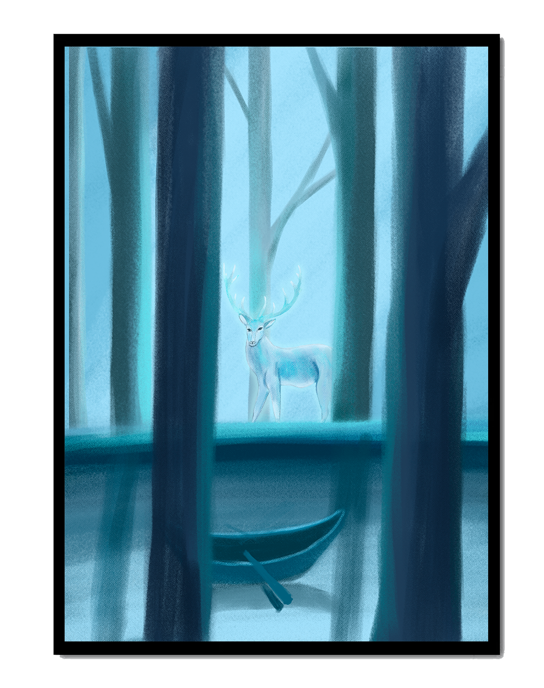 Bosque encantado con ciervo etéreo y bote de madera