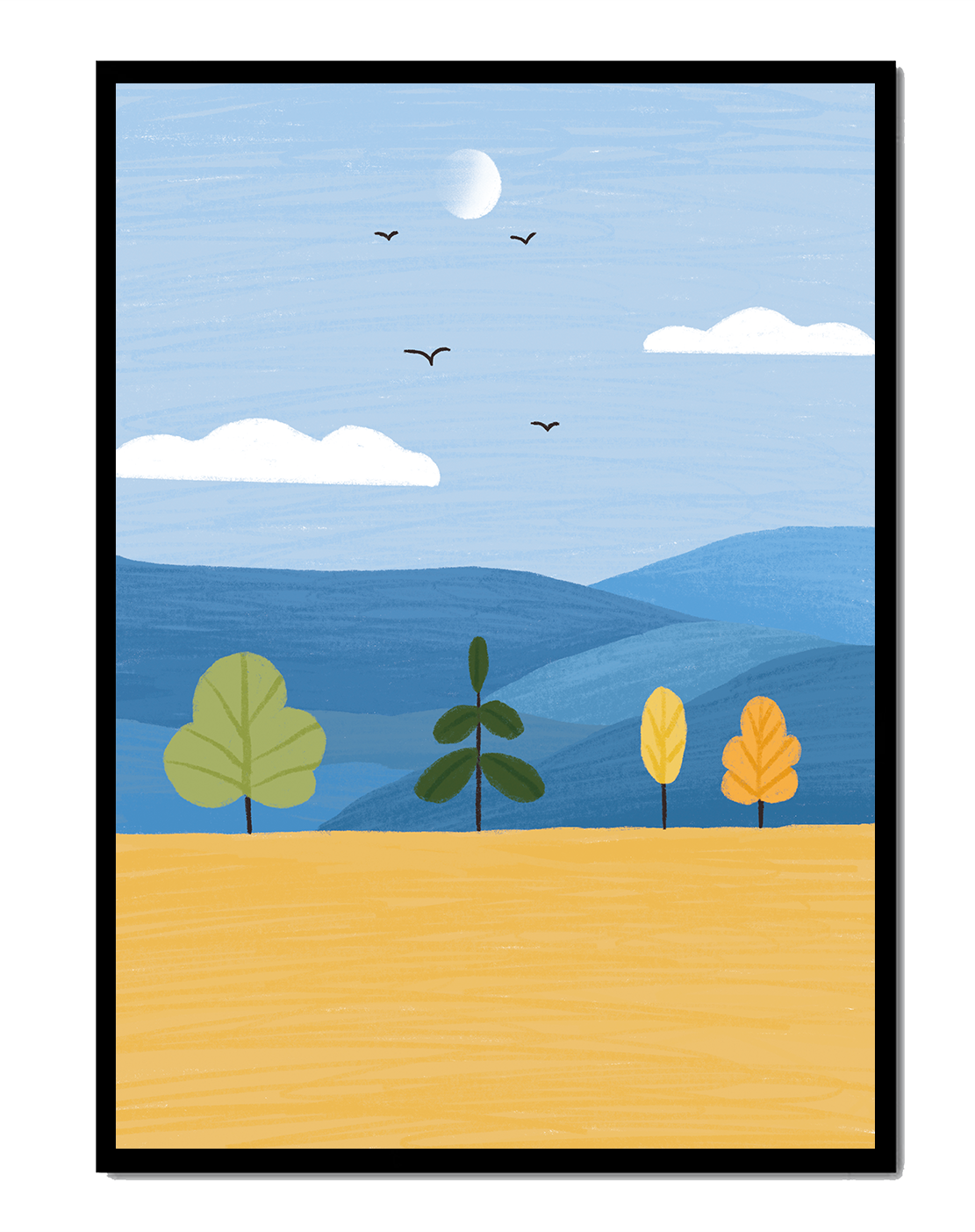 Paisaje colorido con árboles y aves en un campo sereno