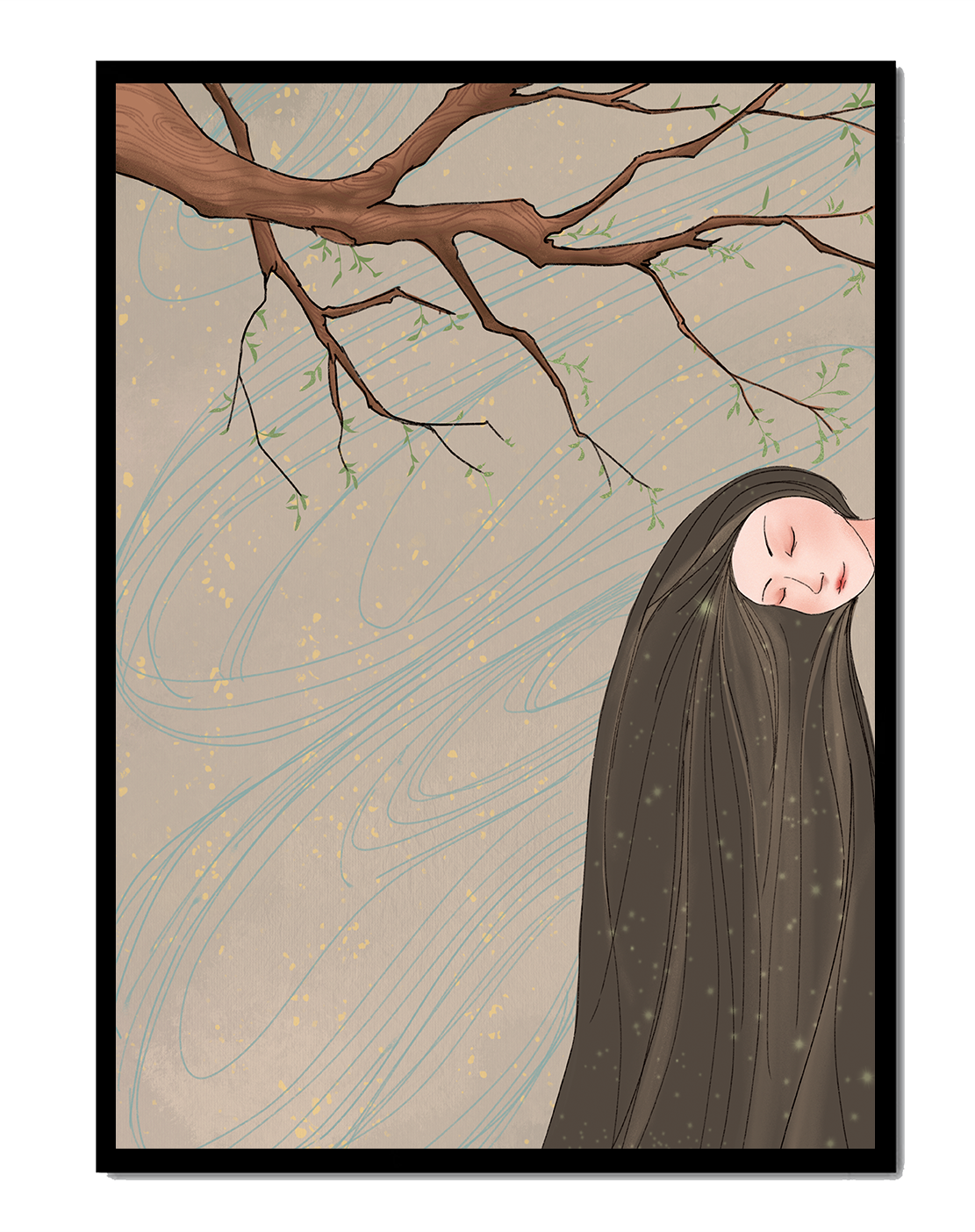 Serene illustration of a woman intertwined with nature and flowing designs